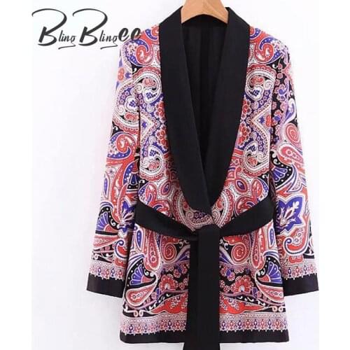 BlingBlingee 2021 Autumn Paisley Print Patchwork Wrist Sleeve Shawl Collar Open Front Women Casual Blazers Female Belted Jacket