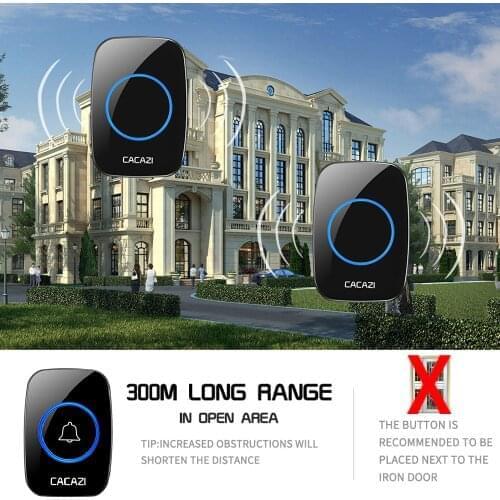 CACAZI Waterproof Home Wireless Doorbell Smart LED Light Calling Bell 300M Remote Battery Button 60 Chimes 5 Volume EU Plug