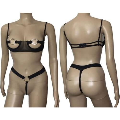 Black Sexy Women Sheer Mesh Open Cup Breast Harness Bikini Lingerie Set Metal Nipple Ring Bra Top and Thong Underwear