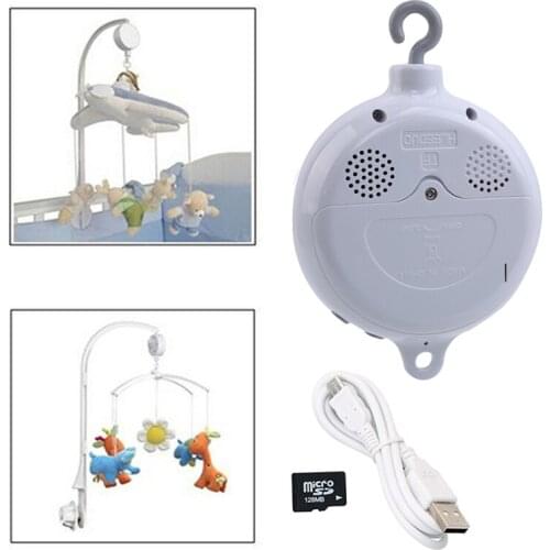 Song Rotary Baby Mobile Crib Rattles Bed Bell Toy Battery-operated Movement Music Box Stroller Hanging Bell Toys + 128MB SD Card