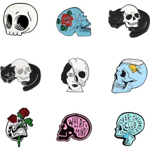 Punk Gothic Skull Series Enamel Pins Woman Rose Skeleton Brooches Halloween Badge Lapel Pin Jewelry Gift for Friends Wholesale