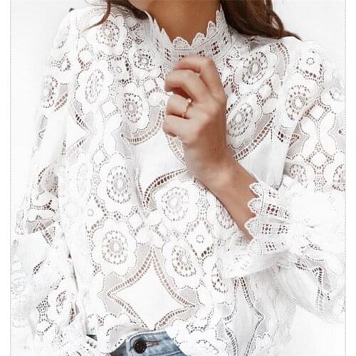 Hirigin Womens Lace Crochet Flower Blouses Ladies Cotton Casual Loose Long Sleeve Shirts female Hallow Out Tops