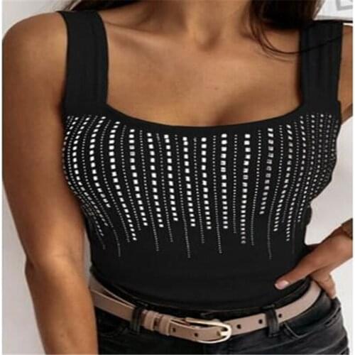 Sleeveless Summer Crop Top Women Black Casual Basic T Shirt Ladies knitting Print Fashion Tank Tops Square Neck Camisole 2021