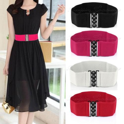 Women Fashion Arrival Stretch Buckle Waist Belt Wide Elastic Cinch Corset Waistband Black/ Dark Blue/ Pink/ Red/ Off-White