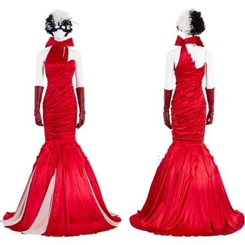 New Style Halloween Cruella Cosplay Red Dresses Fashion Queen Costume Wedding Evening Party Gown Fancy Wig Mask Mermaid Dress