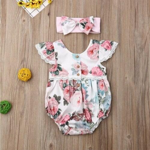 Newborn Infant Baby Girl Floral Clothes Ruffle Sleeves Romper Headband Outfit