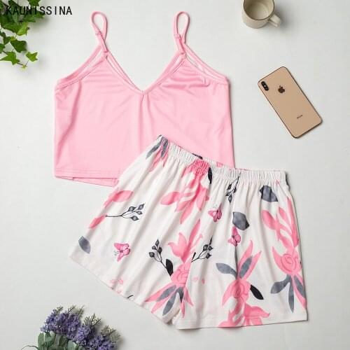 Sexy Summer Pajama Women Printed V-Neck Cami Shorts Sleepwear Set Spaghetti Strap Pajamas Sets Ladies Homewear Clothing