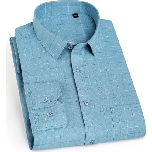 Bamboo Fiber Men Plaid Shirts Smart Casual Business Mens Dress Shirt Long Sleeve Printed Fashion Male Clothing Chest Pocket New