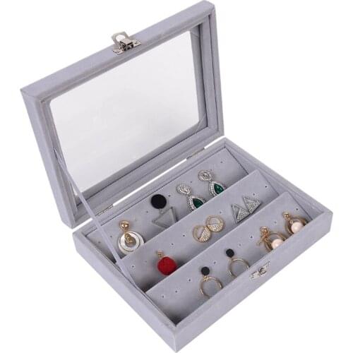 Gray Velvet Studs Earring Organizer Jewelry Storage Box Display Gift Case