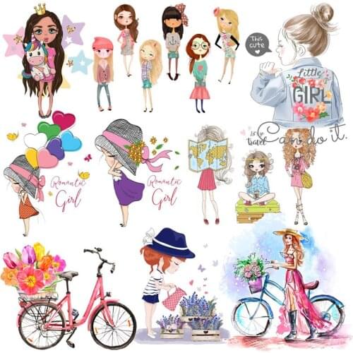 Pulaqi A Pair Girl Patches Iron On Transfers For Clothes Washable Fashion Girl Heat Transfer Thermal For T-shirt Sticker DIY