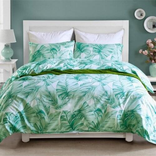 Green Polyester Fabric Bedding Set King Queen Size Reactive Printing Leaves Plain Dyed Soft Duvet Pillow Cover Home Supply