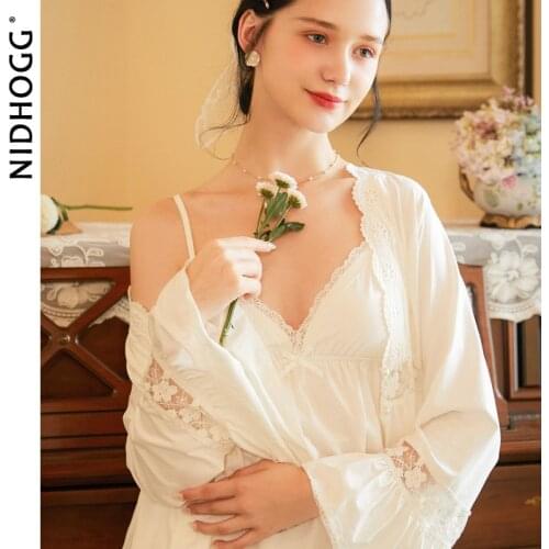 Autumn Long-Sleeved Cotton Nightgown Solid Night Gown and Robe Sets for Women Cotton Two-Piece Nightdress Sexy Gown Nightwear