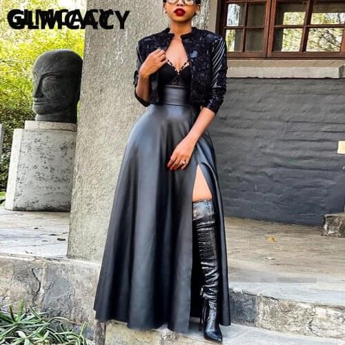 Women High Waist Slit PU Leather Skirt Chic Streetwear Bliker Maxi Skirts