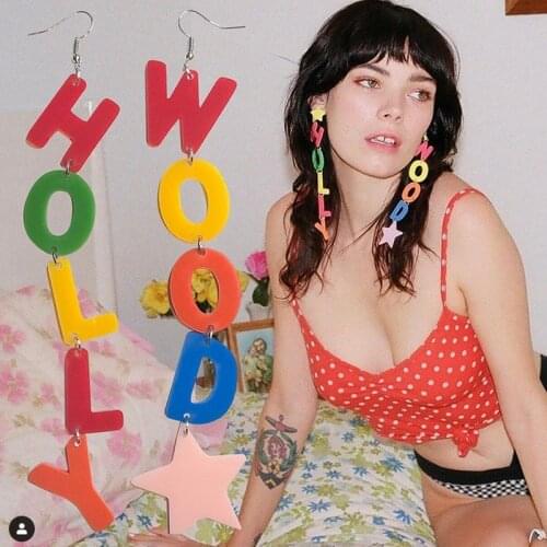 Exaggerated Cool Punk Funny Colorful English Letters Acrylic Earrings for Women Fashion Hollow Out Long Tassel Dangle Earrings