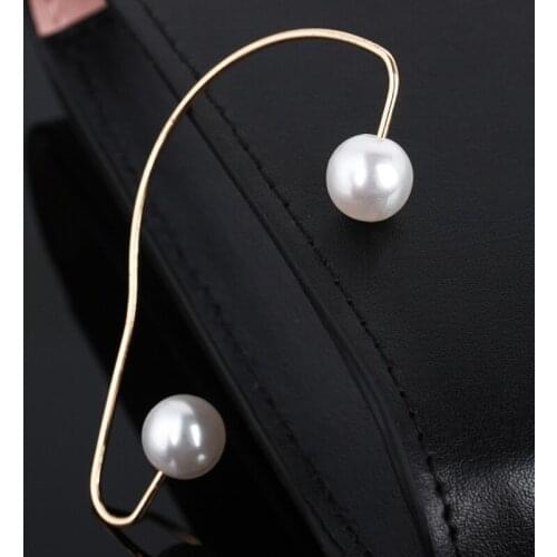 Double Simulated Pearl Golden Bending Stick Whole Ear Auricle Women Clip Earrings