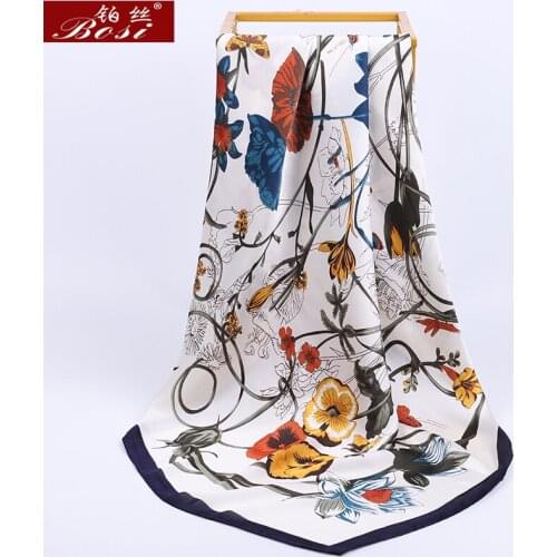 BOSI Fashion Square Scarf Flowers print Multicolor Silk Satin Shawl for Women Ladies Hijab Bandana Luxury Brand Scarves 90*90cm