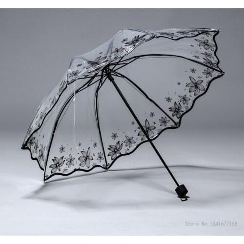 Womens transparent thickened summer flower printed umbrella, three-fold automatic and manual umbrellas beach umbrella