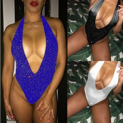 2019 new summer sexy Women deep v-neck halter bandage Swimsuit Push Up Padded diamond Bikini Swimwear Bathing One Piece Monokini