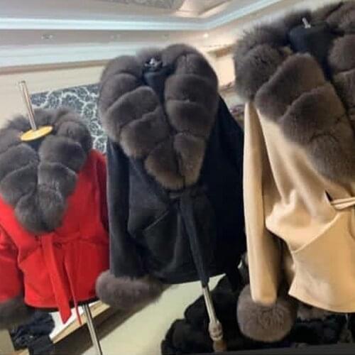 Women wool coat with natural fox fur collar with hood with bat sleeve with pocket with belt 2021 luxurious with fur cuffs