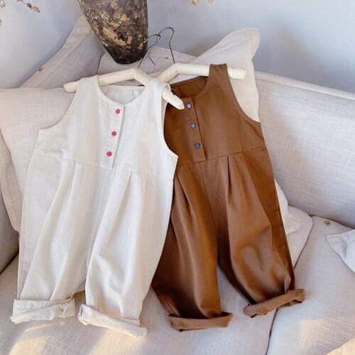 2021 Spring Summer Korean Style Toddlers Kids Sleeveless Jumpsuits Solid Color Loose Unisex Baby Children Suspenders Pants