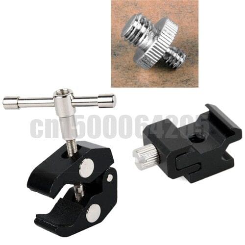 3 in 1 Large supper clamp + 1/4 to 3/8 Adapter Screw + Metal Adjustable Flash Hot Shoe Mount Adapter