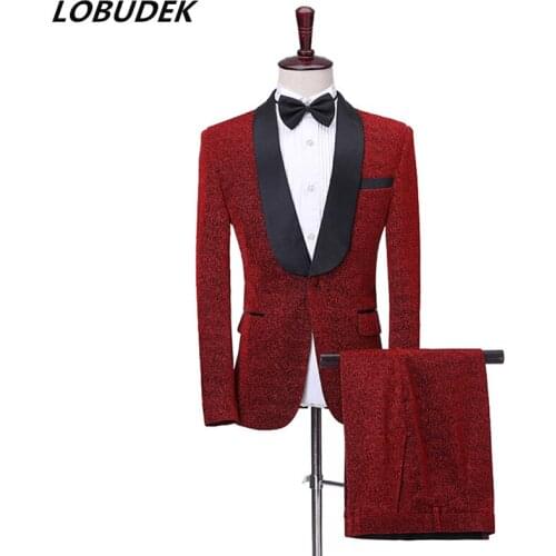 5 Colors Shawl Collar Shiny Silk Men Suit Wedding Groom Prom Dress Formal Evening Party Singer Host Suits Tuxedo Pants 2 Pieces