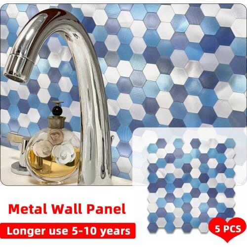 5pcs 30x30cm Blue Silver Metal Backsplash Aluminium Composite Wall Sticker Panel Self Adhesive Wall Decor for Kitchen Bathroom