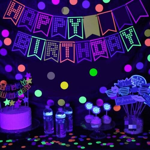 Behogar Birthday Neon Glow Fluorescent Balloons Banner Ribbon Hat Cupcake Topper Decor for Kids Adults Birthday Party Supplies