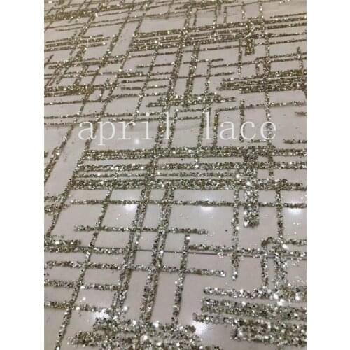 Free ship 5 yards/bag AA1528 # champagne gold color grid african glued glitter hand print tulle net mesh fabric for wedding