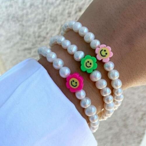 5PCS, Real Pearl Bracelet For Women Polymer Clay Random Smiley Sunflower Charm Beaded Bracelets Summer Beach Pearls Jewelry
