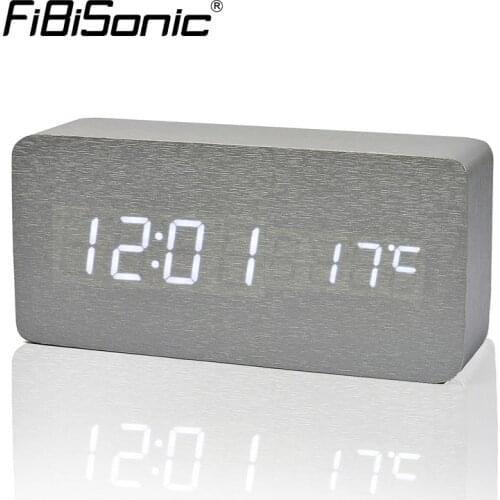 FiBiSonic Wooden Alarm Clock with Temperature Sound Control Led Digital Clock Electronic Table Alarm Clock