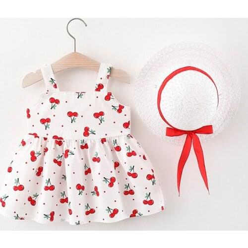 BKCS-006 New Children Cherry Pattern Summer Dress with Sunhat Girls Cute Clothing Princess Fashion Tutu