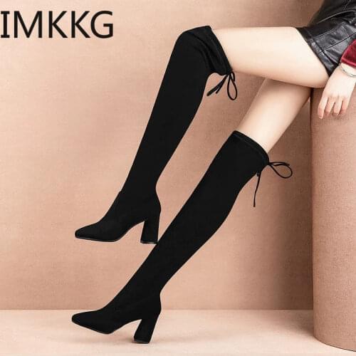 Elastic Flock Slim Fit Over The Knee Boots Women 2019 Winter thigh Lace up ladies High heel Chunky heel Long Thigh High botas