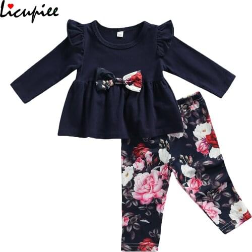 0-24 Months Print Babys Sets Girl’s T-shirt and Trousers Suit Fashion Solid Color Bow Long Sleeve Tops and Flower Long Pants