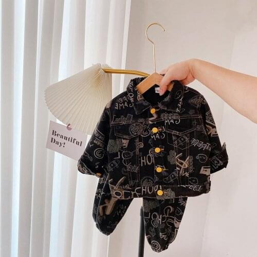 Boys And Girls' Set Fashion Graffiti Childrens Clothing Cool Kids Cowboy Coat + Jeans Two-piece Sets Toddle Girls Clothes Suit