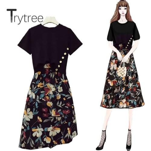 Trytree 2020 Summer Women Two Piece Set Casual O-neck Solid Button Split hem Tops + Skirt Print A-line Ruffles Set 2 Piece Set