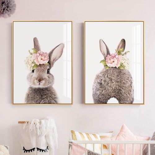 Rabbit Bunny Tail Wall Canvas Painting Flower Animal Canvas Poster Print Art Pictures Nordic Kids Baby Girls Room Decoration