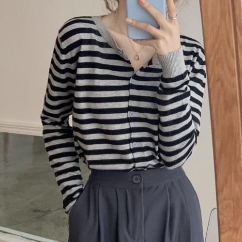 LMQ NEW 2020 Korean Style Striped T-Shirt Womens Long-Sleeved Pure Cotton Cardigan Bottoming Slim Top Coat