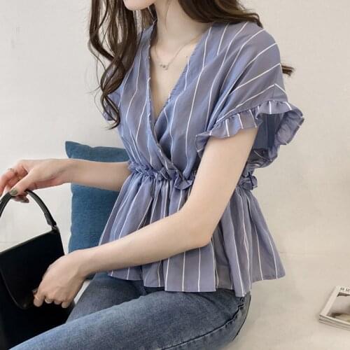 Fashion Ruffles Blouse Women V-Neck Summer Short Butterfly Sleeve Shirt Striped Shirt Casual Tops