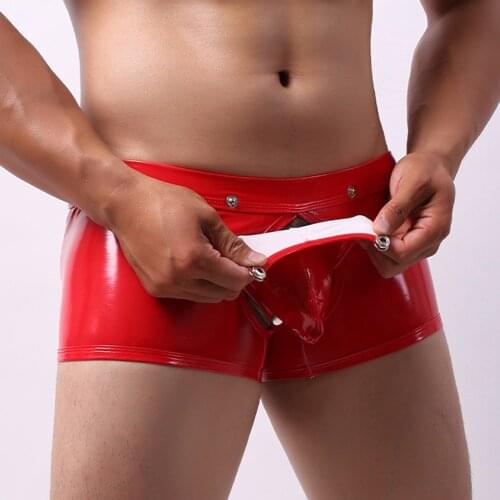 Men Hollow Out Underwear Sex U Boxer Shorts Gay Open Butt Underpants Men Faux Leather Shiny Lingerie Clothing Man Stage Clubwear