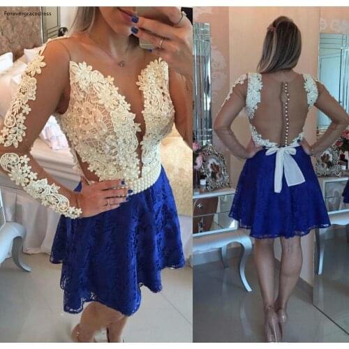 Cheap Royal Blue A Line Lace Homecoming Dress Long Sleeves Appliques Juniors Sweet 15 Graduation Cocktail Party Dress Plus Size
