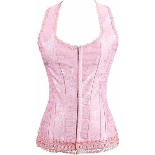Sexy Jacquard Lace Up Neck Suspenders Pink Overbust Corset Women Shapewear Top