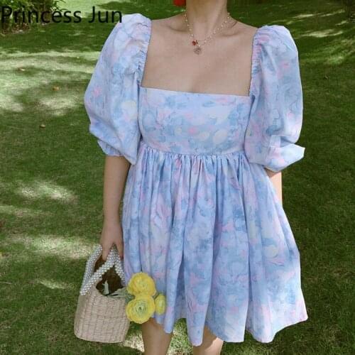 Palace Romantic Princess Mini Dress Sweet Girl Square Collar Puff Sleeve Printed Puffy Dress Summer Holiday Fairy Party Dress