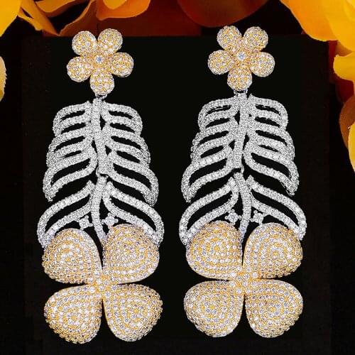 Blachette Luxury Precious Feather Sunflower Pendant Earrings For Women Wedding Banquet Cubic Zirconia DUBAI Bridal Jewelry 2021