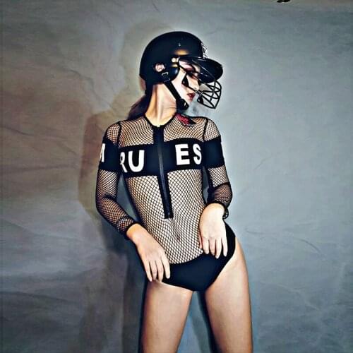 Sexy Female DJ Outfit Performance Clothing Festival Nightclub Gogo Dance Rave Hat Show Dance Costume Mesh Jumpsuit Stage Dress