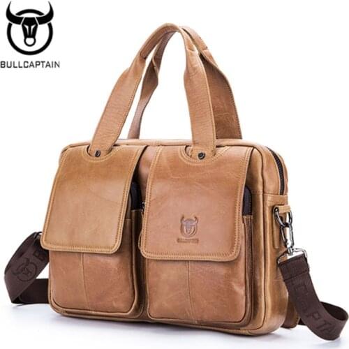 BULL CAPTAIN Genuine Leather Messenger Shoulder Crossbody Bags Tote Handbag Casual Business Top Handle Travel Bag Leather Bag