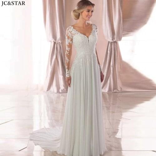 Vestiti da sposa new V neck lace chiffon long sleeve A Line ivory beach bohemian wedding dress Sweep Train vestidos de noiva sim