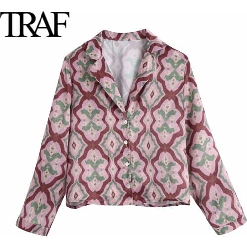 TRAF 2021 Women Clothing Long Sleeve Shirts Button Up Tops Mujer Fashion Vintage Printing Blouse Gothic Ladies Short Shirt