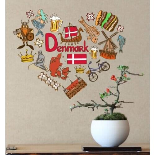 I Love Denmark Illustration Fashion Wedding Decor Vinyl Waterproof Wall Sticker Bedroom Wallpaper Wall Decal Baby Rooms Decor