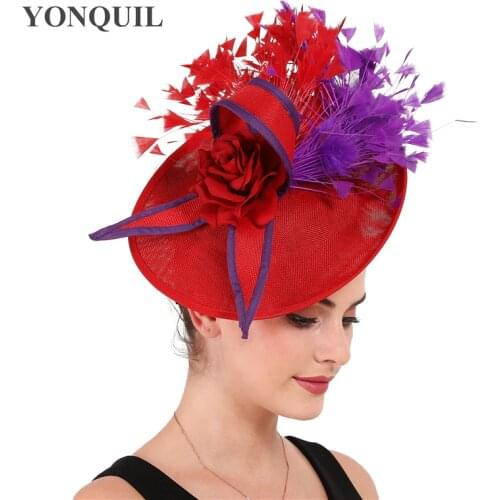 Red With Purple Feather Fascinator Wedding Bridal Fedora Hat For Party Cocktail Headpiece Lady Floral Pattern HeadWear Accessory